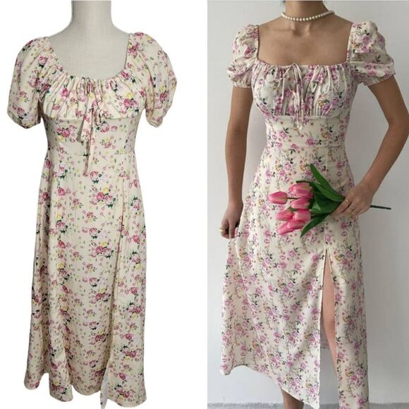 Dresses & Skirts - Cute summer floral midi dress with side slit sz small